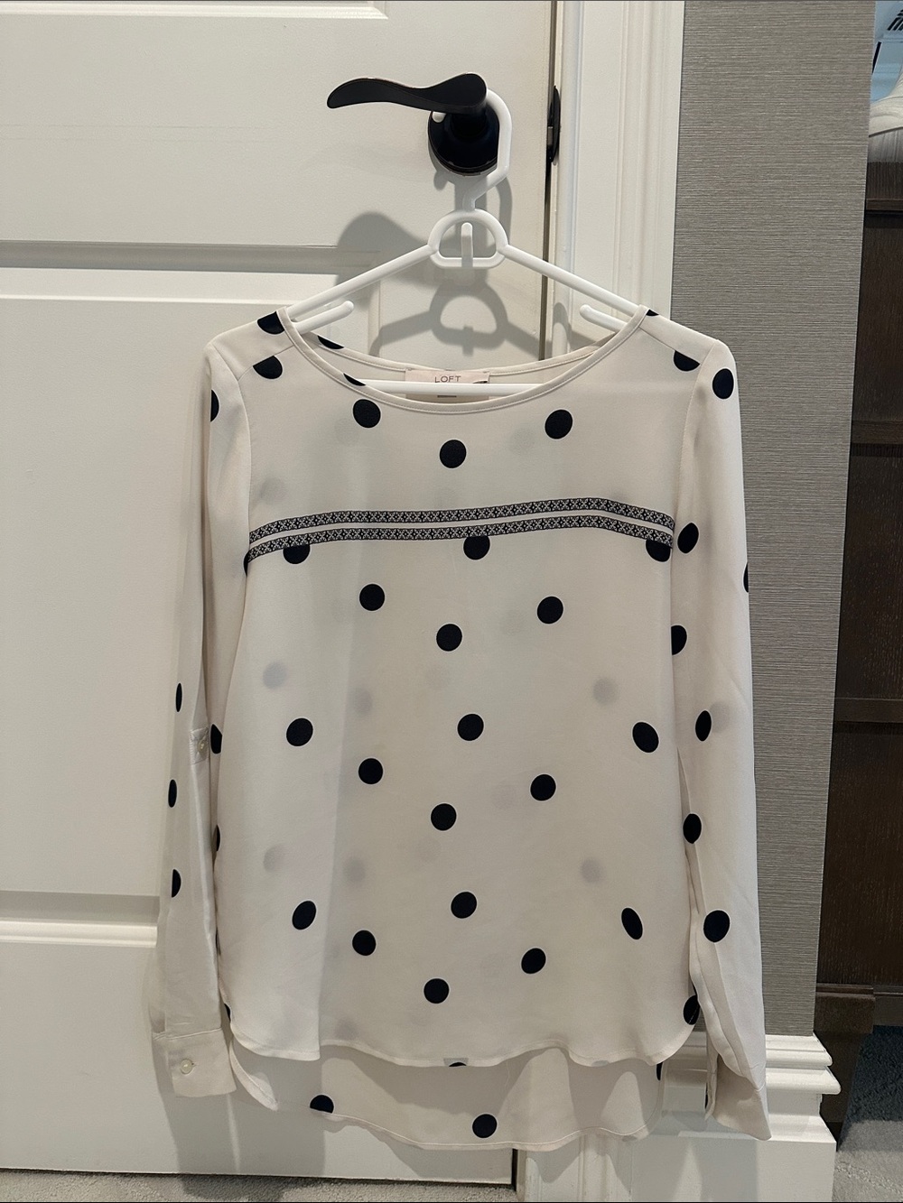 LOFT White Polka Dot Long-Sleeve Blouse with Embroidered Stripe
